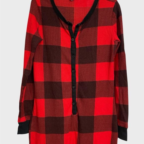 Old Navy Thermal Knit One-Piece Pajama Women's Sz L Red Black Plaid Cozy Buttons - Picture 10 of 16